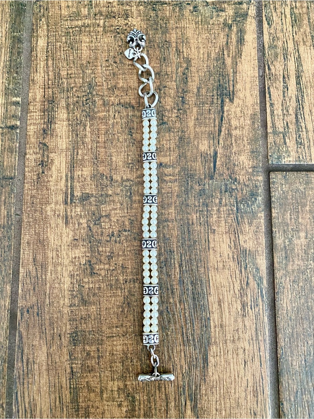 Vintage Brighton Lady Jane Silver and Pearl Double Strand Toggle Bracelet